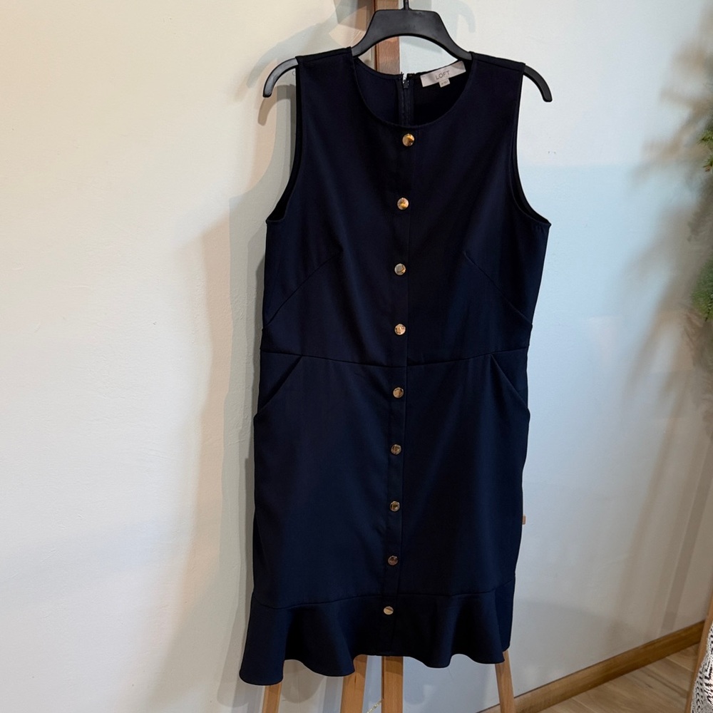 LOFT Navy Button-Front sleeveless dress with pockets.
